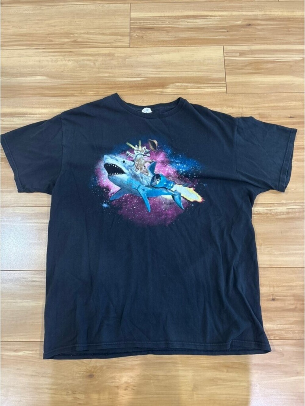 Retro Space Laser Cat Riding Shark Graphic Tee